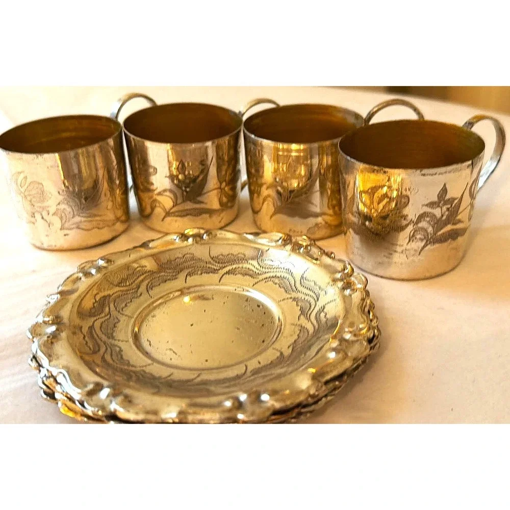 Vintage Tea Glass Holder and Saucer Set of 4 Silver Tone Etched Floral Ornate